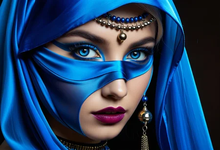 masterpiece, best quality, amazing quality, very aesthetic, highly detailed, high contrast, deep colour,  photorealistic, impressioninsm,  young woman, blue soft diaphanous silk, exotic dancer costome, ankle bells, veiled face, large dark eye, in style of Beeple, cyberpunk art
