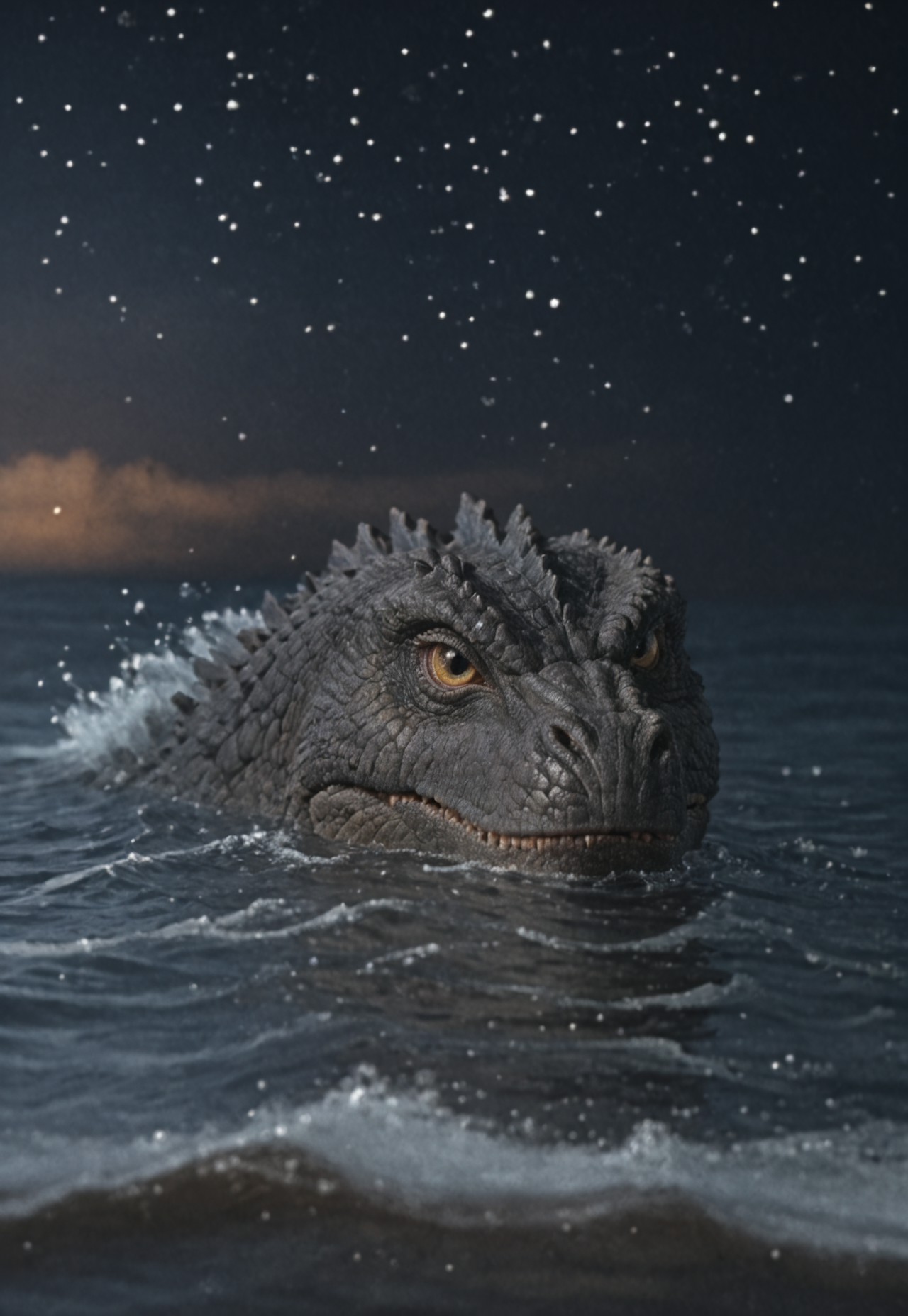 score_9, score_8_up, score_7_up, solo, portrait, giant dinosaur reptilian monster Godzilla, realistic scales, detailed scale texture, solo, outdoors, head surfacing from the ocean, partially submerged, wading through the water, solo, extremely detailed, Macro detailed realism style photograph, 3DMM