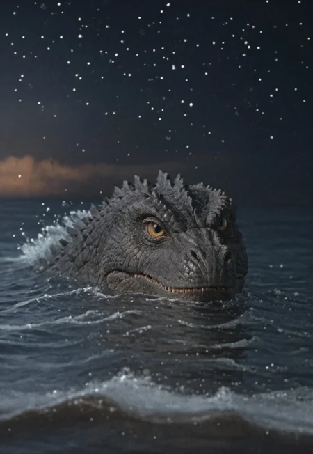 score_9, score_8_up, score_7_up, solo, portrait, giant dinosaur reptilian monster Godzilla, realistic scales, detailed scale texture, solo, outdoors, head surfacing from the ocean, partially submerged, wading through the water, solo, extremely detailed, Macro detailed realism style photograph, 3DMM