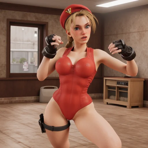 3D-rendered CGI artwork of a young woman, with a slender yet athletic build. She has large, specifically Chun-Li, blonde hair is styled in two thick, with a slight sheen, slightly tanned complexion, action pose. She is depicted in mid-kick