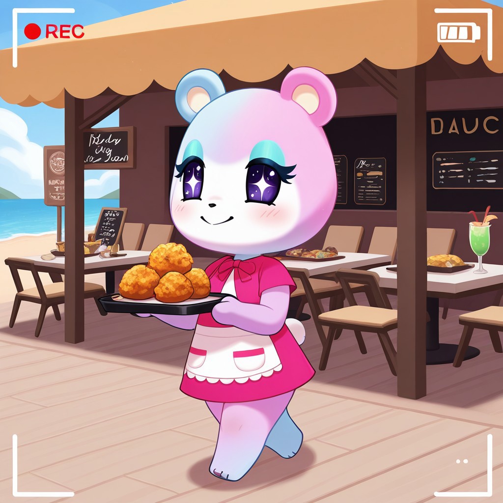 best quality, masterpiece, Full Body, Romantic, Small, Body, Furry, judyac, animal crossing, 1girl, solo, furry, bear, two-tone fur, light pink fur, light blue fur, white muzzle, purple eyes, star pupil, blush, blue eyeshadow, pink dress, beach, restaurants, serving food, carry tray, walking, outside lobby, board walk, beach chair, beach table, umbrella, recording, sign of buzz, sign said buzz food menu, sign writing say buzz, smile,