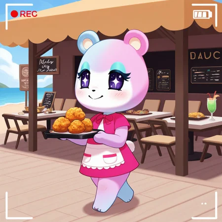 best quality, masterpiece, Full Body, Romantic, Small, Body, Furry, judyac, animal crossing, 1girl, solo, furry, bear, two-tone fur, light pink fur, light blue fur, white muzzle, purple eyes, star pupil, blush, blue eyeshadow, pink dress, beach, restaurants, serving food, carry tray, walking, outside lobby, board walk, beach chair, beach table, umbrella, recording, sign of buzz, sign said buzz food menu, sign writing say buzz, smile,