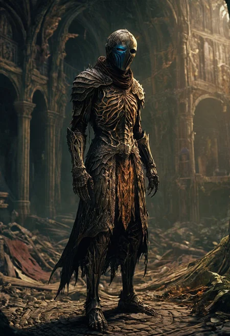 Dark Souls, full-body, digital illustration of a character in the style of darkness, in-game Pathologic 2, Dark Souls concept art, trending on ArtStation, ArtStation HD, natural lighting, volumetric lighting maximalist. intricately detailed, complex, elegant, expansive, fantastical, film photography style,  heavy grain, FRESHIDESH Moebius comic book
