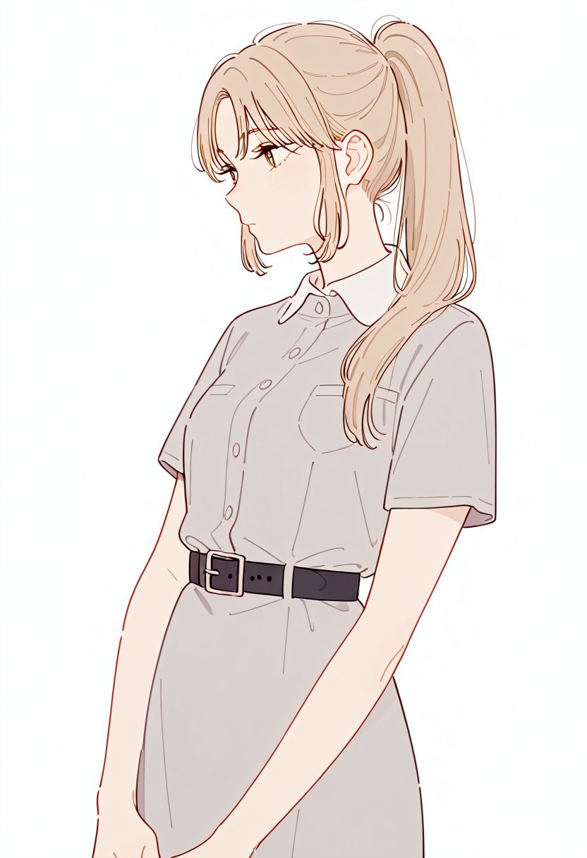 masterpiece, very aesthetic, absurdres, best quality, very aesthetic, highres, very aesthetic, perfect quality, high quality, simple background, white background, 
1girl, solo, Sister Claire, ddsister, bbsister, long hair, ponytail, sidelocks, collared dress, grey dress, short sleeves, buttons, black belt