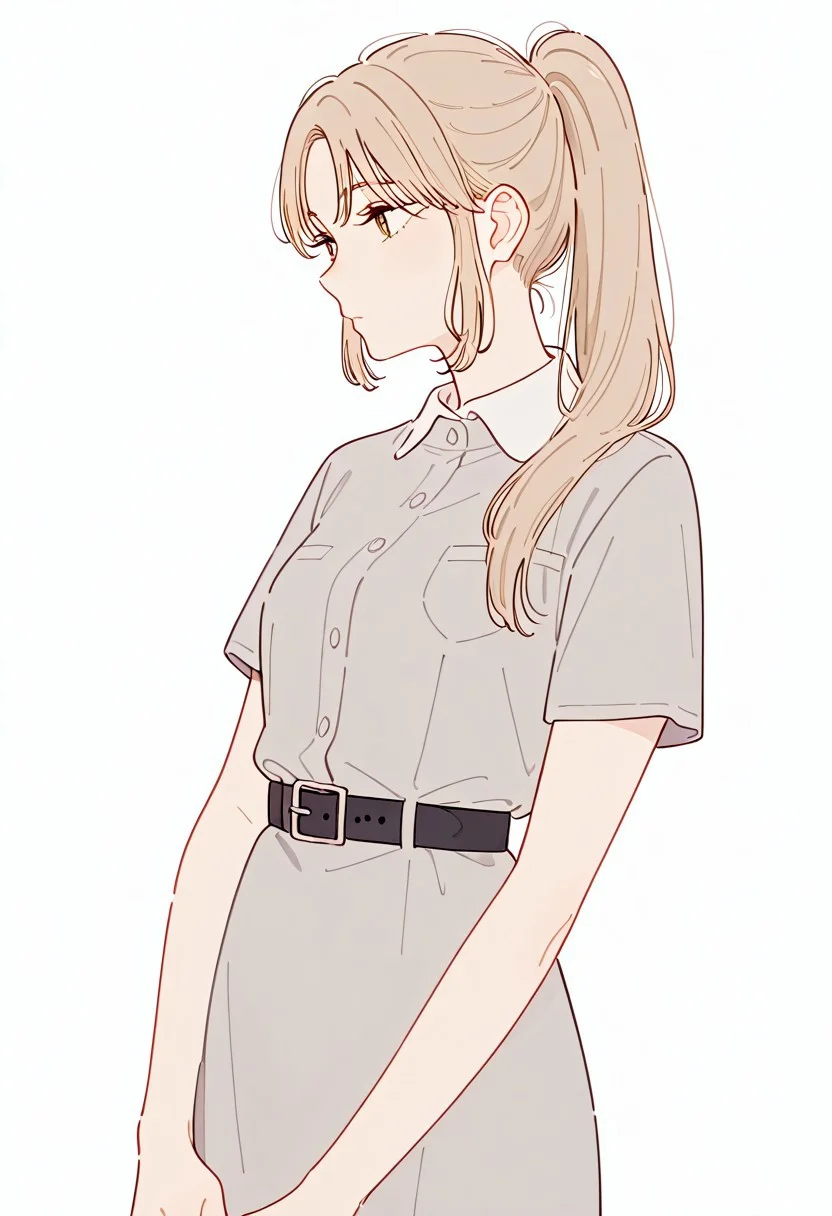 masterpiece, very aesthetic, absurdres, best quality, very aesthetic, highres, very aesthetic, perfect quality, high quality, simple background, white background,
1girl, solo, Sister Claire, ddsister, bbsister, long hair, ponytail, sidelocks, collared dress, grey dress, short sleeves, buttons, black belt