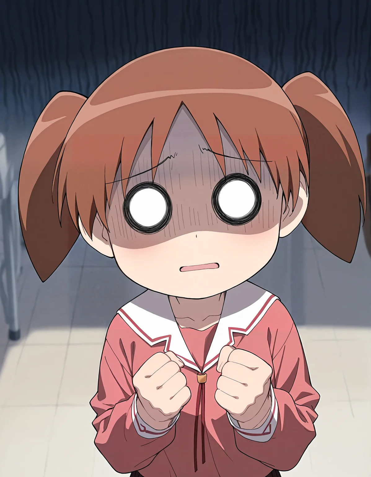 masterpiece, best quality, good quality, newest, highres, absurdres, <lora:Azumanga_style-000010:1>, azumanga_illu, 1girl, school uniform, solo, twintails, short twintails, serafuku, o o, brown hair, long sleeves, shaded face, clenched hands, chibi,depth of field,