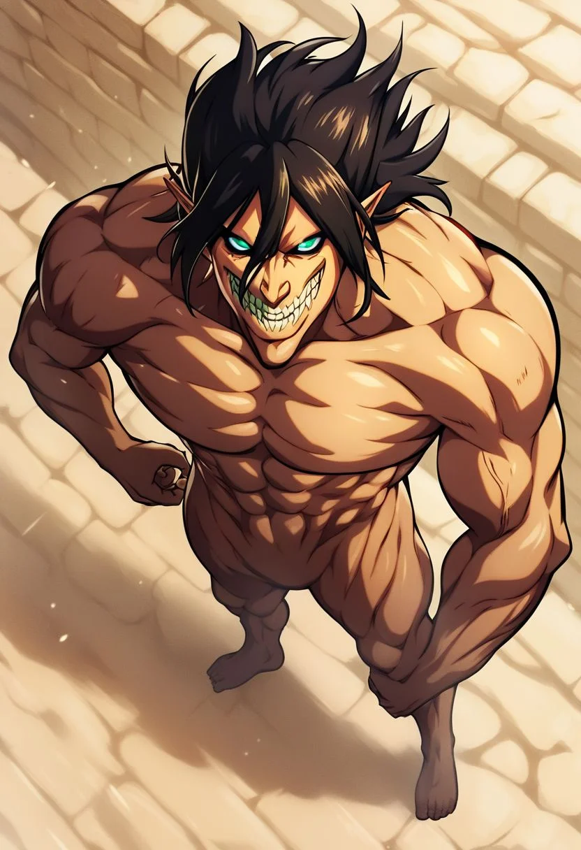 (score_9, score_8_up, score_7_up:1.2)source_anime,(rating_safe),( Xerenx :1.0),(Eren Yaeger Titan peeking over a very high wall:1.5), green ligthings eyes, (The wall is in front of him and the peer and chest resting on the wall with arms:1.5),frontal face , Screaming, desert background, looking happy at the viewer,black eyes,( full body :1.5)