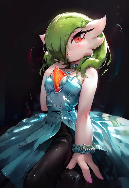 (((gardevoir))), female, furry, (long green hair), pale skin, (score_9, score_8_up, score_7_up), 20 year old, long green hair, idol dress, perky breasts, hair over breasts, long hair, pretty face, looking at viewer, red eyes, vivid eyes, EGirlMakeup, light freckles, idol outfit, singing, on the stage, volumetric lighting, vivid colours, g0thicPXL, face focus, Rilex Lenov Art style