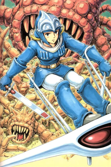 miyaha1 manga illustration.
A young female warrior, dressed in a futuristic, blue and white armor suit with a helmet featuring a silver visor and a small, pointed crest. The armor has a high collar, gloves, and boots, with visible straps and buckles, suggesting a mix of medieval and sci-fi elements. She is flying a small hand glider, while holding a dagger in her right hand. In the background two dragon like creatures are in purpuit, chasing after the young warrior. <lora:miyaha1_cap_d6a3e12:1.0><lora:818051597834785963:0>