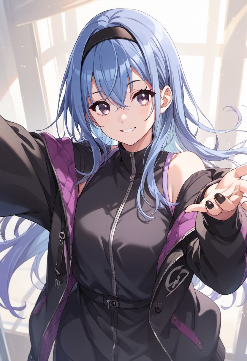 score_9, score_8_up, score_7_up, source_anime, suzuki hana, long hair, blue hair, purple eyes, 1girl, solo, jacket, hairband, looking at viewer, smile, black hairband, black jacket, black nails, off shoulder, outstretched arm, long sleeves, hair between eyes, open jacket