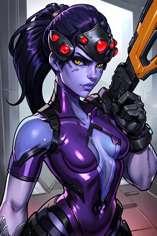 masterpiece,best quality,extreme detail,8k,image sharpness,<lora:widowmaker-10:0.8> widow2, 1girl, solo, long hair, breasts, looking at viewer, gloves, yellow eyes, ponytail, weapon, purple hair, small breasts, lips, gun, bodysuit, colored skin, nose, blue skin, purple skin, purple lips, grenade, head-mounted display
