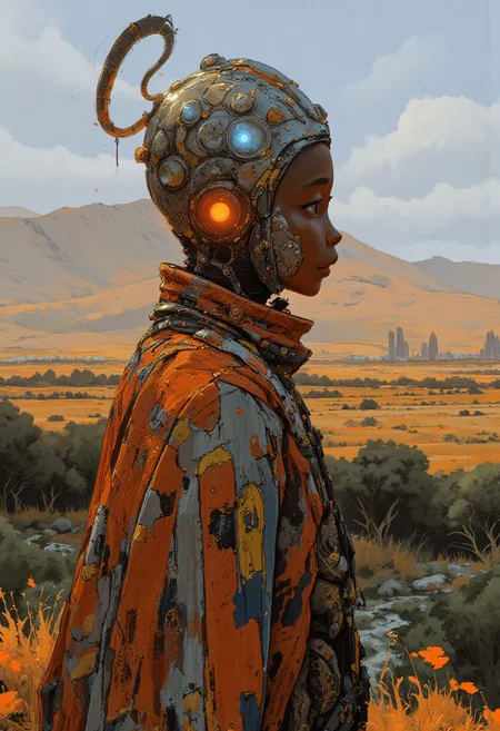 Christmas, Portrait of an African santa woman looking at the viewer, in a futuristic shwe-swhe jumpsuit and multicoloured cloak, modern city on the horizon, plants, trees on the plain, distant pyramids, African tribal elements and jewellery, baobab trees, ambient lighting. Epic, cinematic