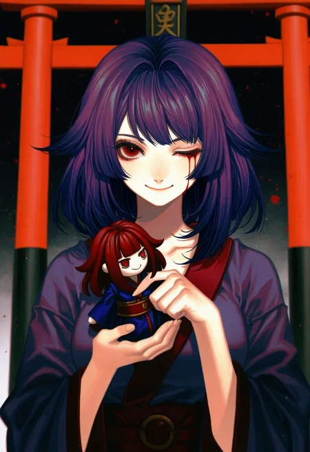<lora:onibi_noob:1>, (((emisenju))), medium hair, emi kimono, smile, blood from one eye, red eyes, holding doll, torii, 1girl, solo, luoman19921, (kawacy:0.4), (mynameisyoon:0.3), masterpiece, best quality, newest, very awa,