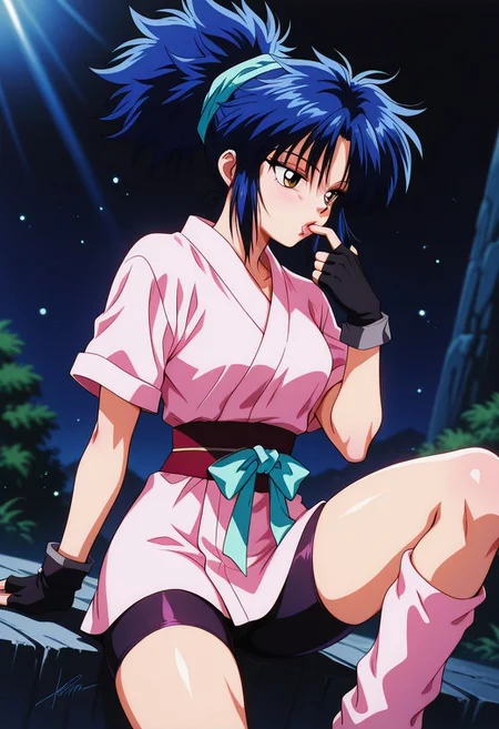 MachiKomacineHxH, 1girl, solo, messy hair, blue hair, ponytail, bangs, brown eyes, lips, japanese clothes, kunoichi, short kimono, pink kimono, large breast,  green sash, black obi, short sleeves, black gloves, fingerless gloves,  thick thighs,  black shorts, bike shorts, pink leg warmers, white socks,
,seductive pose, sexy pose, tease, 
masterpiece, best quality, fine details, intricate details, depth of field, subsurface scattering, bokeh,
 ultra-detailed, very aesthetic, detailed background, newest, scenery, highres, absurdres, colorful, vibrant, glowing, perfect face, 2d, perfect eyes,  vibrant saturated colors, volumetric lighting, sharp, detailed eyes, perfect anatomy,  perfect face, perfect eyes, mature body, clear eyes, beautiful eyes, athletic, curvy body, athletic girl, perky tits, perfect tits, round breasts, pinup pose, teasing, lustful expression, perfect hands, 
muscular female, dutch angle, 
finger in mouth, 
,Smooth Negative, Smooth_Quality,
90s_anime_aesthetic, 1990s (style), retro, retro artstyle