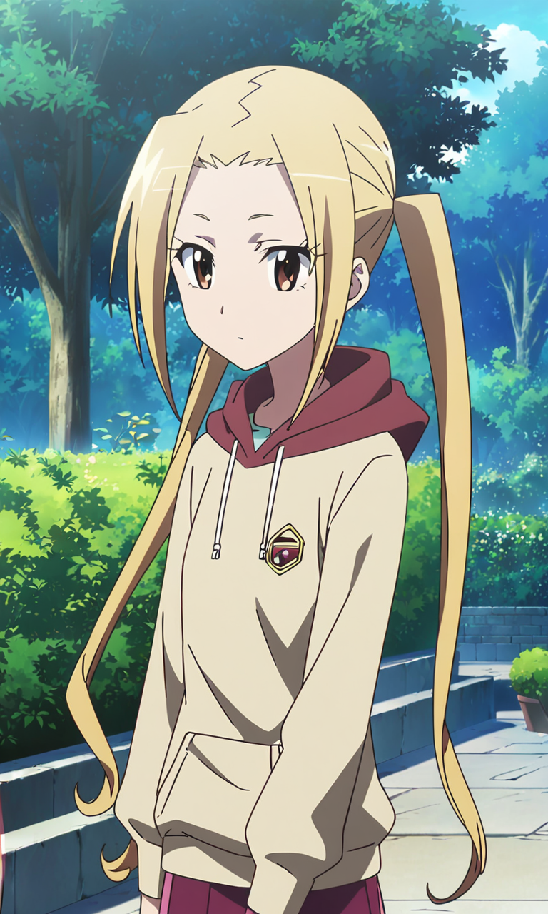 anime artwork hagimura suzu, 1girl, long hair, blonde hair, twintails, brown eyes, petite, flat chested, casual clothing, skirt, hoodie,garden,masterpiece,best quality,8k highres . anime style, key visual, vibrant, studio anime, highly detailed