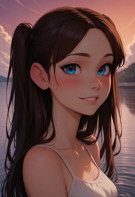 masterpiece, best quality, amazing quality, p0nyd1sney1ncasev1x0n2:1.5, 1girl, 25 years old, perfect face,
side view, detailed face, portrait, face focus, depth of field, looking at viewer, blush, shy smile, close up,
blue eyes,
brown hair, long hair, parted bangs, two side up,
white camisole,
outdoors, water, sky, clouds,