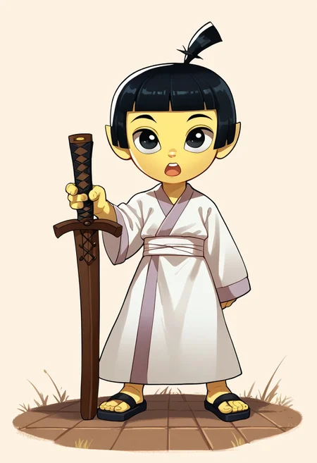 score_9, score_8_up, score_7_up, highly detailed, CuteCartoonStyle, cute, Score_9, Score_8_up, Score_7_up <lora:Young Samurai Jack:1>,youngjack, fair skin, topknot, short black hair, black eyes, male, weapon, sword, 1boy, solo, male focus, black hair, wooden sword, yellow skin, open mouth, black eyes, holding, colored skin, white kimono, full body,, front view