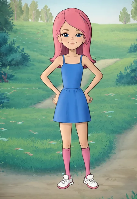 score_7, score_8, score_9, solo female, well drawn, detailed, 2d, flat colours, vector, line art, cartoon, 1girl, shorty girl, well drawn, detailed , prostokvashino, cartoon, olya, pink hair, bangs, snub nosed, huge blue eyes, eyelashes, thin hands, thin girl, thin legs, fit brawny body, perfect hands, perfect face, full body, smug smile, blue slip sundress, sleeveless, open shoulders, pink knee socks, white footwear, posing, parted legs, on tiptoes, 

outdoors, forest, looking at viewer, hands on waist, 