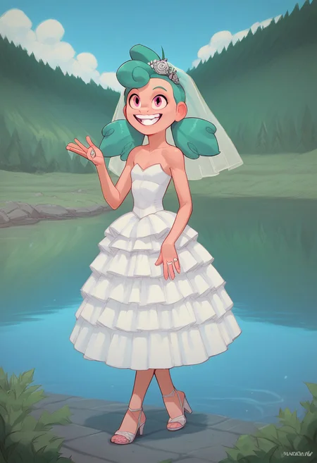 score_9, score_8_up, score_7_up, solo, 1girl,
turquoise hair, two pigtails, bright pink eyes,
happy, teeth smile, standing full body barefoot flat breast outdoors, lake, altar Wedding background, Wedding dress Wedding veil Wedding Ring high heels sandals