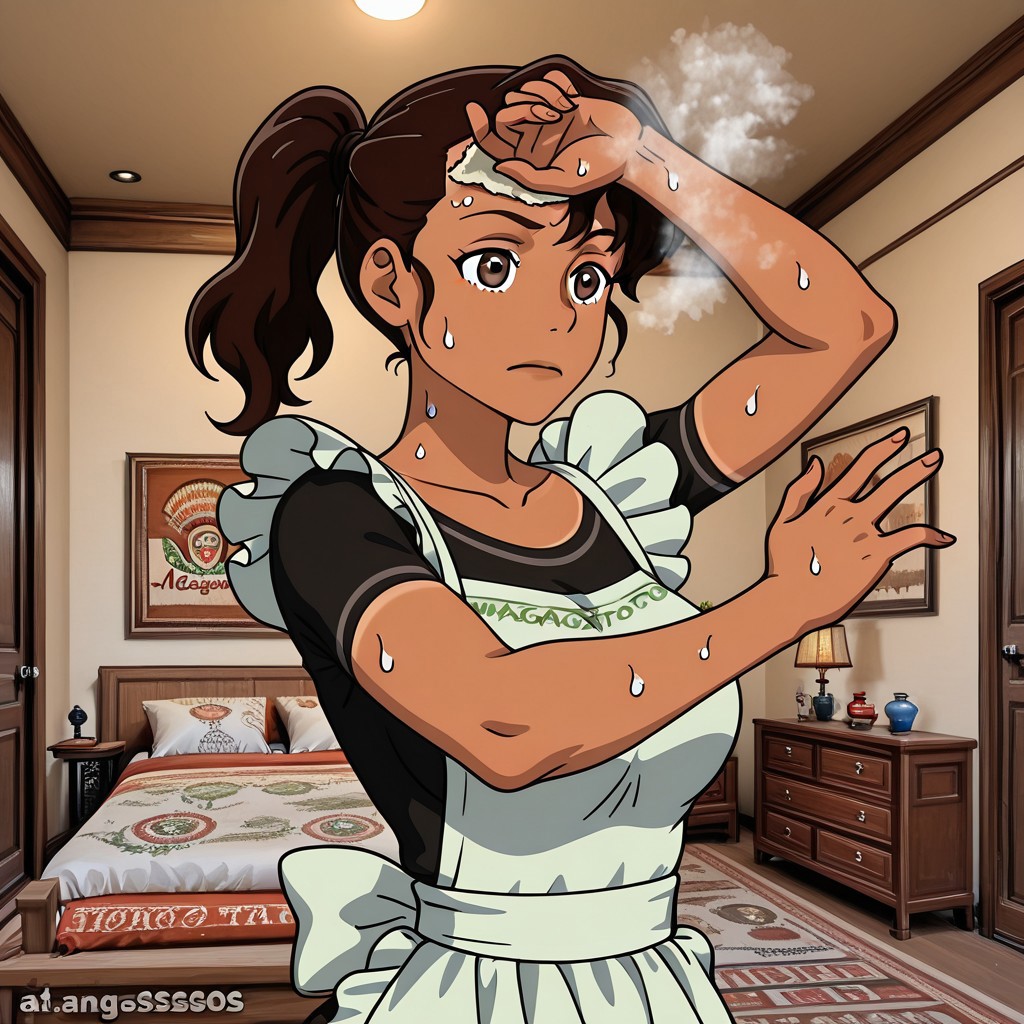 Margarita, 1girl, solo, tanned skin, dark brown hair with ponytail, black shirt, white apron
Margarita sweating while cooking tacos. A hand wiping sweat from her forehead, steam, traditional Mexican cuisine
dynamic pose, foreshortening, extreme perspective
chinese bedroom