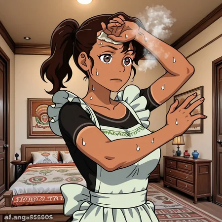 Margarita, 1girl, solo, tanned skin, dark brown hair with ponytail, black shirt, white apron
Margarita sweating while cooking tacos. A hand wiping sweat from her forehead, steam, traditional Mexican cuisine
dynamic pose, foreshortening, extreme perspective
chinese bedroom