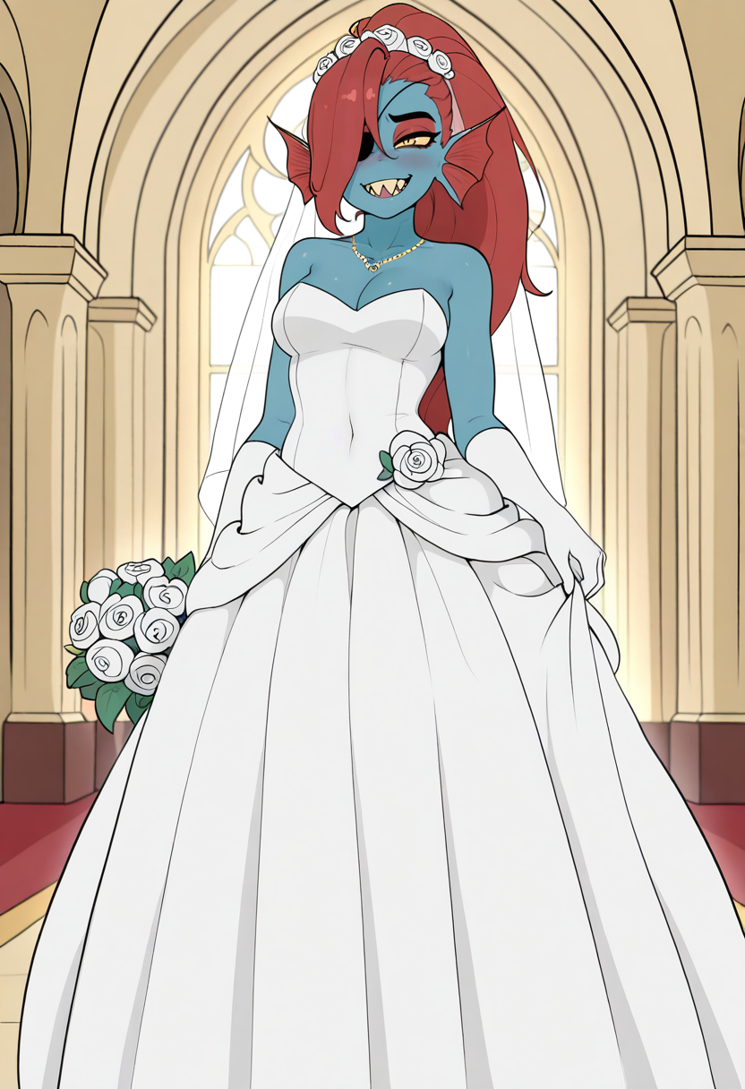 <lora:haaru style illustrious v1.0:1> haaru, haaru style, blue body, medium breast, fit body, undyne, fish woman, monster girl, fish ear, fish fins, long hair, eyepatch, hair over eye, slit iris, shark teeths, sharp teeth, fang, holding bouquet, flower, smile, score_9, score_8_up, score_7_up, score_6_up, masterpiece, best quality, amazing quality, very aesthetic, absurdres, newest,, traditional wife, wife, wedding dress, white dress, long dress, beautiful dress, decoration on dress, wedding head coverage, bridal gown, wedding headdress, indoor, inside, cathedral, citadel, religious decoration, cristhian