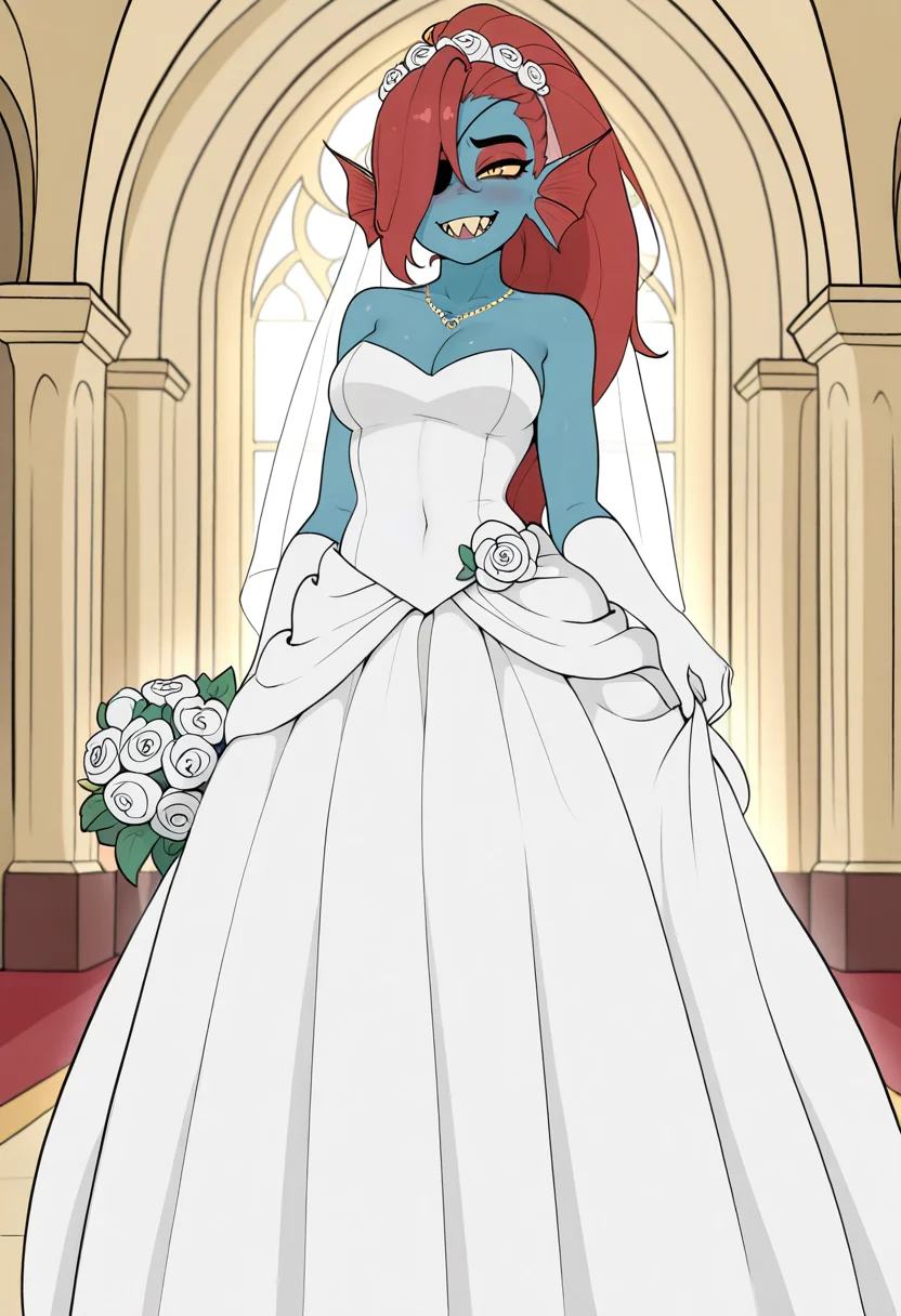 <lora:haaru style illustrious v1.0:1> haaru, haaru style, blue body, medium breast, fit body, undyne, fish woman, monster girl, fish ear, fish fins, long hair, eyepatch, hair over eye, slit iris, shark teeths, sharp teeth, fang, holding bouquet, flower, smile, score_9, score_8_up, score_7_up, score_6_up, masterpiece, best quality, amazing quality, very aesthetic, absurdres, newest,, traditional wife, wife, wedding dress, white dress, long dress, beautiful dress, decoration on dress, wedding head coverage, bridal gown, wedding headdress, indoor, inside, cathedral, citadel, religious decoration, cristhian