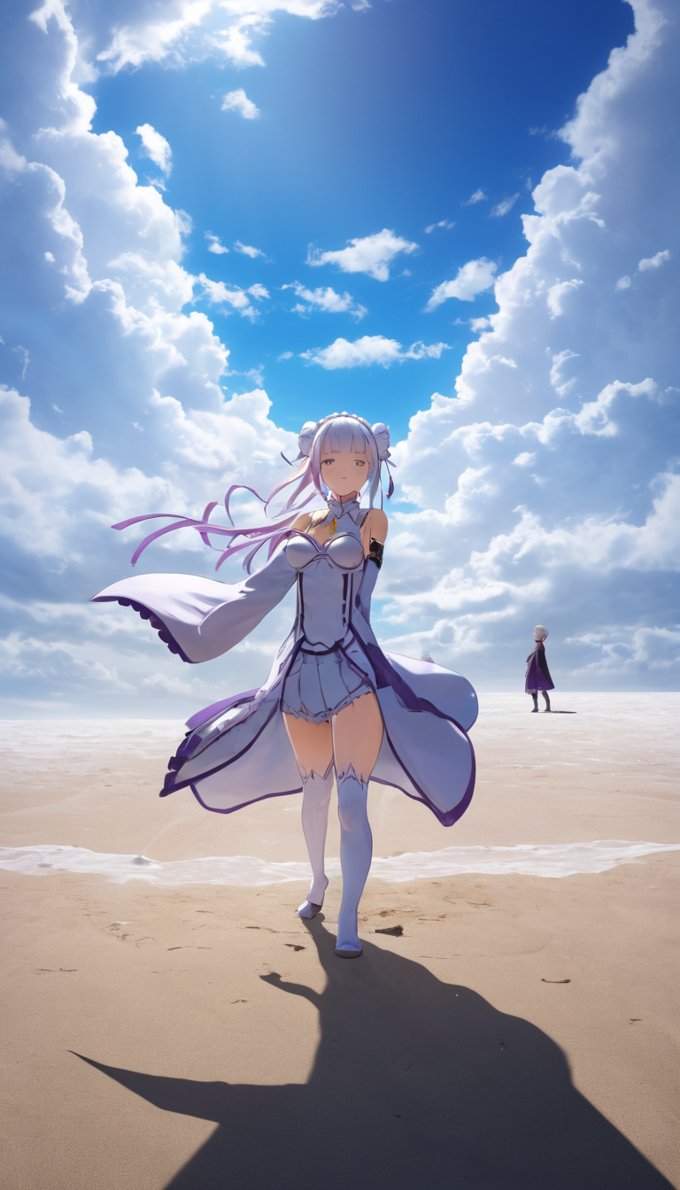 long shot scenic professional photograph of Cinematic scene, hero view, solo, Emilia, Re:Zero <lora:emilia:1>, action pose, detailed background, masterpiece, best quality, high quality, absurdres, perfect viewpoint, highly detailed, wide-angle lens, hyper realistic, with dramatic sky, polarizing filter, natural lighting, vivid colors, everything in sharp focus, HDR, UHD, 64K