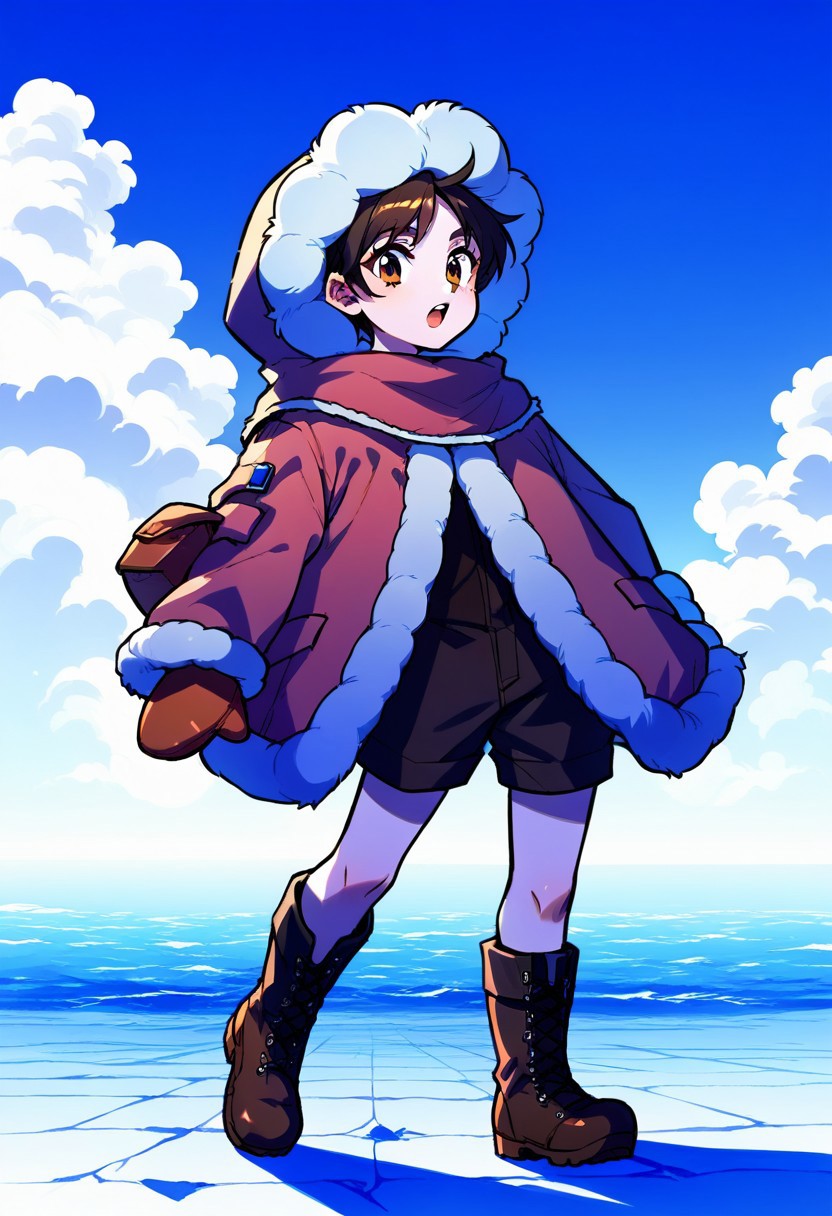 score_9, score_8_up, score_7_up, source_anime, icnana, open mouth, looking at viewer, mittens, boots, fur-trimmed hood, sky, standing, brown footwear, day, jacket
