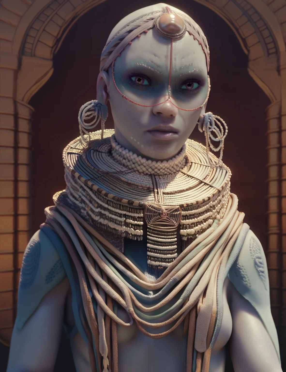 <lora:Pearl_people_Valerian_and_the_city_of_a_thousand_planets:1> pearl_people, Empress_Aloi, looking at the viewer, solo, gray skin, iridescent scaled skin, sharp focus, upper body, underboobs, female, pearl headwear, score_9, score_8_up, score_7_up, score_6_up, score_5_up, score_4_up
