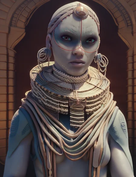 <lora:Pearl_people_Valerian_and_the_city_of_a_thousand_planets:1> pearl_people, Empress_Aloi, looking at the viewer, solo, gray skin, iridescent scaled skin, sharp focus, upper body, underboobs, female, pearl headwear, score_9, score_8_up, score_7_up, score_6_up, score_5_up, score_4_up