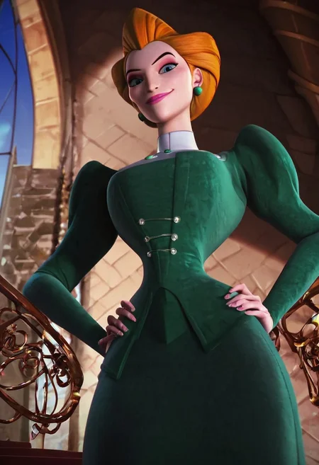 frieda (hna green dress), 1girl, redhead, orange hair, pompadour hair, makeup, makeup, lipstick, pink lips, blue eyes, jewelry, green earrings, thin body, choker, dress, green dress, white collar, score_8_up, score_7_up, BREAK, 1girl, solo, looking at viewer, cute, smirk, from below, hands on hips, head tilt, female focus, looking at viewer, castle background, detailed background, 4k, masterpiece, best quality, highly detailed, realistic, 3d,
Expressiveh