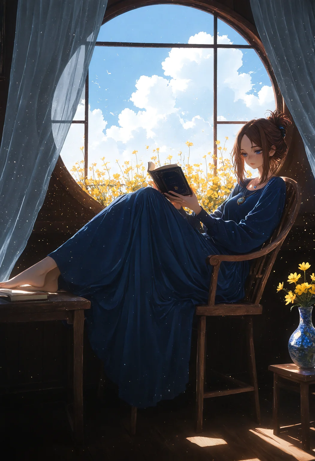 masterpiece, very awa, amazing quality, best quality, newest, highres, absurdres,
1girl, solo,
long hair, brown hair, hair up, parted bangs, blue eyes, freckles, lips, nose, blue dress, long sleeves, necklace, barefoot,
sitting, on chair, holding book, reading, reclining,
rule of thirds, wide shot, cinematic lighting, backlighting, 8k, detailed background, focus window, light particles, high contrast,
indoors, wooden round table, wooden chair, flower vase, yellow flower, open window, white floating curtains, blue sky, fluffy clouds, scenery, flies,
r17329_illu, xxx667_illu, h4ra_illu
<lora:NOOB_vp1_detailer_by_volnovik_v1:0.3> <lora:ponyv6_noobV1_2_adamW:0.3> <lora:illustriousXL_stabilizer_v1.23:0.4> <lora:XXX477:0.4> <lora:mon_monmon2133:0.5> <lora:114558v4df2fsdf5:0.6>