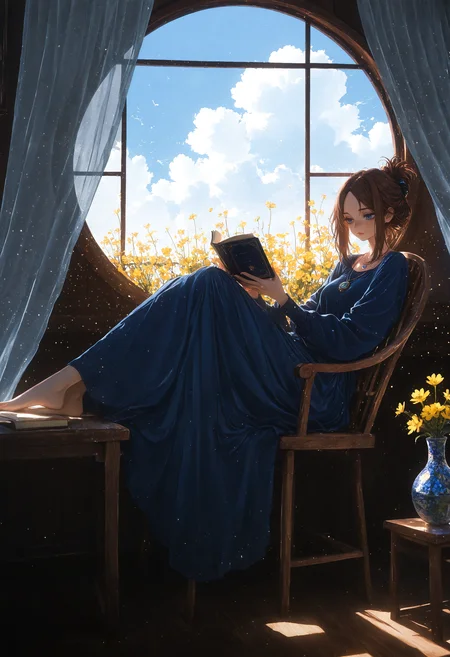 masterpiece, very awa, amazing quality, best quality, newest, highres, absurdres,
1girl, solo,
long hair, brown hair, hair up, parted bangs, blue eyes, freckles, lips, nose, blue dress, long sleeves, necklace, barefoot,
sitting, on chair, holding book, reading, reclining,
rule of thirds, wide shot, cinematic lighting, backlighting, 8k, detailed background, focus window, light particles, high contrast,
indoors, wooden round table, wooden chair, flower vase, yellow flower, open window, white floating curtains, blue sky, fluffy clouds, scenery, flies,
r17329_illu, xxx667_illu, h4ra_illu
<lora:NOOB_vp1_detailer_by_volnovik_v1:0.3> <lora:ponyv6_noobV1_2_adamW:0.3> <lora:illustriousXL_stabilizer_v1.23:0.4> <lora:XXX477:0.4> <lora:mon_monmon2133:0.5>  <lora:114558v4df2fsdf5:0.6>