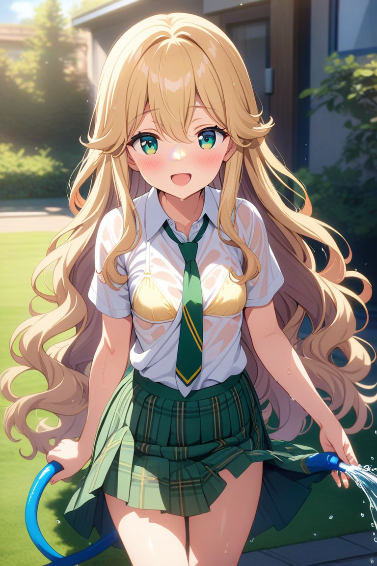 (masterpiece, best quality), highly detailed background, perfect lighting, best quality, (anime coloring:1.2), yumesakiharuko, 1girl, solo, looking at viewer, blush, smile, open mouth, blonde hair, hair between eyes, wavy hair, very long hair, green eyes, small breasts, short sleeves, collared shirt, white shirt, untucked shirt, green necktie, green skirt, plaid skirt, school uniform, wet, wet clothes, yellow bikini, bikini under clothes, water hose, outdoors, grass, school building, light rays