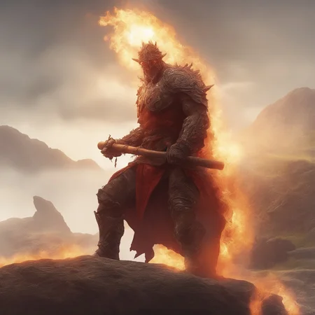 Score_9, score_8, score_8_and_up,
A giant wielding a flaming axe, edge of a rocky cliff, action, fantasy world, perfect background, highest quality