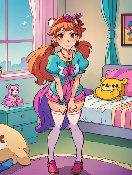 masterpiece,best quality,(solo:1.3),1girl,(tareme:1.2),(full body:1.2),standing,leaning forward,bent over,(low-tied_long_hair:1.3),(low twintails:1.2), dress, ribbons,hair ribbon,very long hair,hair ornament,hair flower, smile, looking at viewer, pink headwear,red eyes,symbol-shaped pupils, short sleeves, puffy sleeves, bangs, blush, blunt bangs, puffy short sleeves, jewelry, ribbon, plaid dress, makeup,eyelashes, necklace, wavy hair,(white thighhighs,thighs:1.2),indoors, messy room, window,sweet,girls's room,pink theme,painting \(medium\),teddy bear, stuffed toy, loaded interior,bedroom,(((otaku room)))