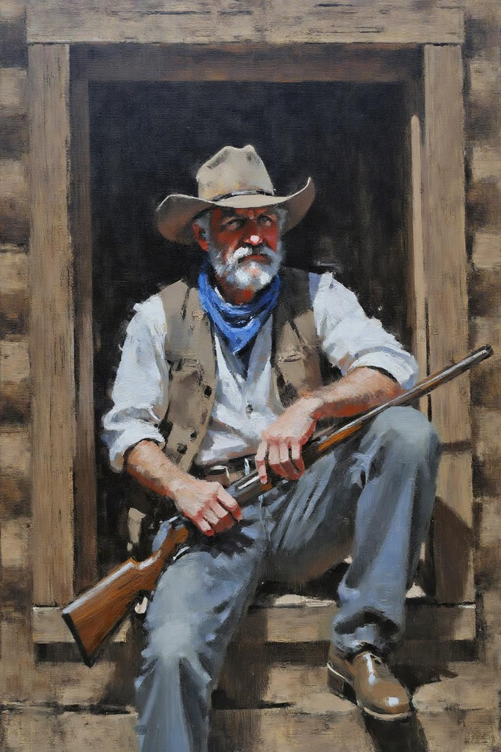 marklague1 painting.
schoonover1. A cowboy sits on the edge of a open window of a cabin. He is a rugged, middle-aged man with a weathered complexion, wearing a wide-brimmed hat, a blue bandana, and a faded, sleeveless vest over a white shirt. He holds a a long rifle on his lap. <lora:marklague1_cap_d8a4e12:1.0><lora:855136925655271377:0>