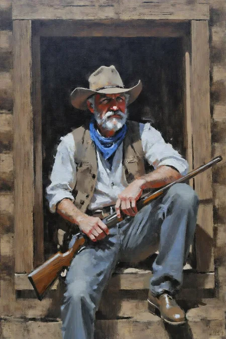 marklague1 painting.
schoonover1. A cowboy sits on the edge of a open window of a cabin. He is a rugged, middle-aged man with a weathered complexion, wearing a wide-brimmed hat, a blue bandana, and a faded, sleeveless vest over a white shirt. He holds a a long rifle on his lap. <lora:marklague1_cap_d8a4e12:1.0><lora:855136925655271377:0>