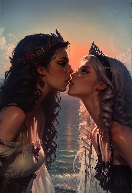 score_9, score_8_up, score_7_up,  2girls, kissing, silver hair, 35mm Vintage photo of queens standing on a sailship, victorian, long hair, curly hair, ornate white uniform, white fur, ocean, at sea, sailing, (golden tiara:1.2)  <lora:pony/twilight_style:0.8> concept art, realistic  <lora:pony/expressiveh:0.8> expressiveH <lora:sdxl/sinfully_stylish_sdxl> <lora:sdxl/Vintage_Street_Photo>