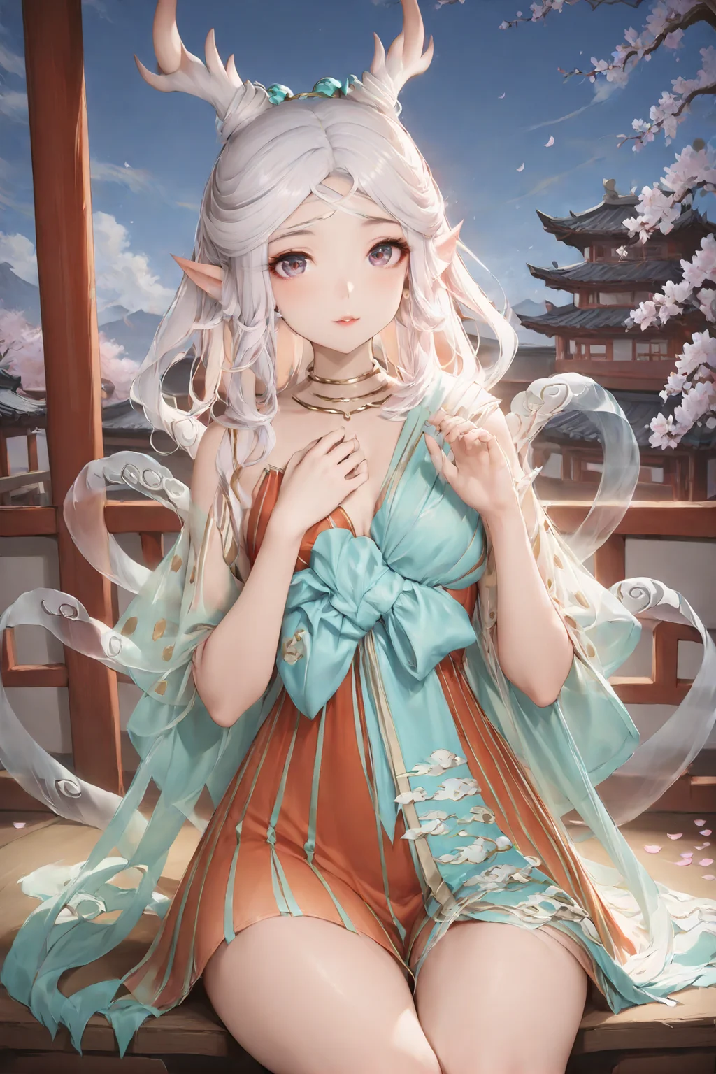 masterpiece, best quality, perfect features, 1girl, solo,looking at viewer, sit, upper body
, east asian architecture, sky, blue sky,petals, depth of field,
, barefoot, jewelry, dress, anklet, shawl, <lora:Yao_Yujianshenlu_xl:1>