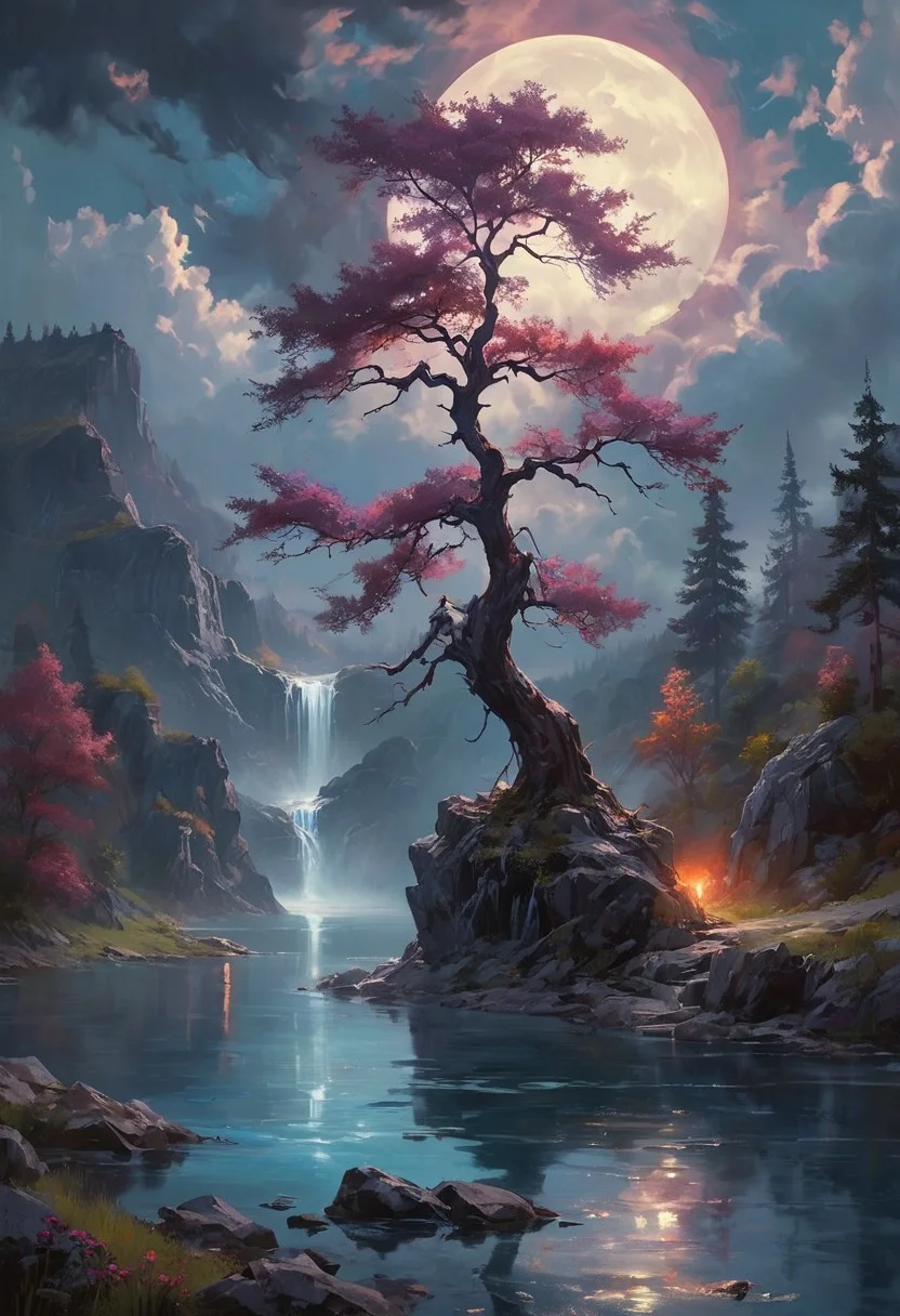 Under the eerie glow of a full moon,a dark and ominous landscape unfolds. A vibrant,colorful tree stands by the edge of a serene lake,its vivid hues contrasting starkly with the foreboding atmosphere. In the background,a waterfall cascades down jagged rocks,the water glistening in the moonlight. Thick,swirling clouds loom overhead,adding to the sense of an evil presence. The moonlight filters through the clouds,casting an otherworldly glow over the scene. The air is thick with mysticism,as if the very night holds ancient secrets and dark magic.  [romantic impressionism,dream scenery art,beautiful oil matte painting,romantic,style of thomas kinkade,beautiful digital painting,anime landscape,romantic painting,dreamlike digital painting,colorful painting,beautiful gorgeous digital art,style of greg rutkowski,janek sedlar,jenny saville:0]  <lora:vivid_everclear:0.35>  <lora:Sinozick:0.35>  <lora:MJ52:0.35>