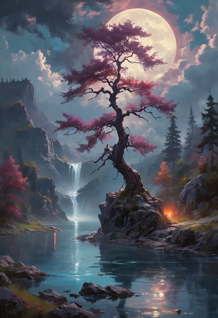 Under the eerie glow of a full moon,a dark and ominous landscape unfolds. A vibrant,colorful tree stands by the edge of a serene lake,its vivid hues contrasting starkly with the foreboding atmosphere. In the background,a waterfall cascades down jagged rocks,the water glistening in the moonlight. Thick,swirling clouds loom overhead,adding to the sense of an evil presence. The moonlight filters through the clouds,casting an otherworldly glow over the scene. The air is thick with mysticism,as if the very night holds ancient secrets and dark magic.  [romantic impressionism,dream scenery art,beautiful oil matte painting,romantic,style of thomas kinkade,beautiful digital painting,anime landscape,romantic painting,dreamlike digital painting,colorful painting,beautiful gorgeous digital art,style of greg rutkowski,janek sedlar,jenny saville:0]  <lora:vivid_everclear:0.35>  <lora:Sinozick:0.35>  <lora:MJ52:0.35>