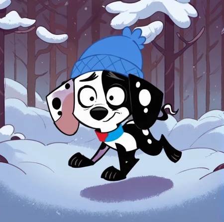 score_9, score_8_up, score_7_up, score_6_up, score_5_up, score_4_up, <lora:deepak101dalmatianstreet2:1>, deepakdog, solo, outside, trees, snow, 1boy, hat, white background, animal ears, full body, male focus, closed mouth, happy expression, collar, running, furry, blue headwear, wide-eyed, beanie, furry male, dog, multicolored collar, black and white fur, dog ears, spots lack eyes,