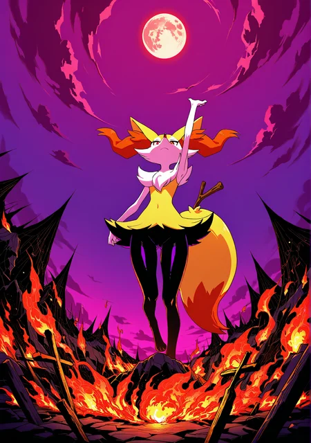 masterpiece,best quality,amazing quality, mm2shd, solid black shading, gradient coloring, gradient colors, braixen, one arm above head, hand up, flames, purple skies, red skies, moon, clouds