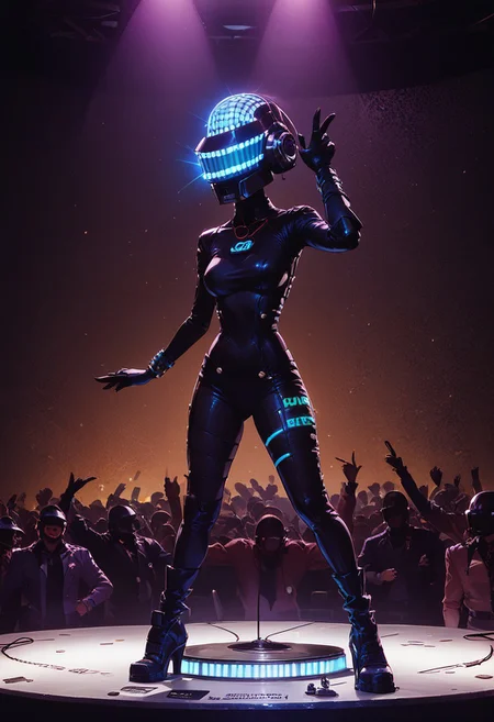 score_9, score_8_up, score_7_up, rave, helmet, skintight bodysuit, dj, Tron, mix table, concert, linear laser light show, crowd, dark tone, bright lasers, edm, edm concert, edm turntable, high energy, edm mix, laser beams, neon light show, highly detailed, intricate, zzCitronLegacy, daft punk, daft punk helmet, 1girl, adult