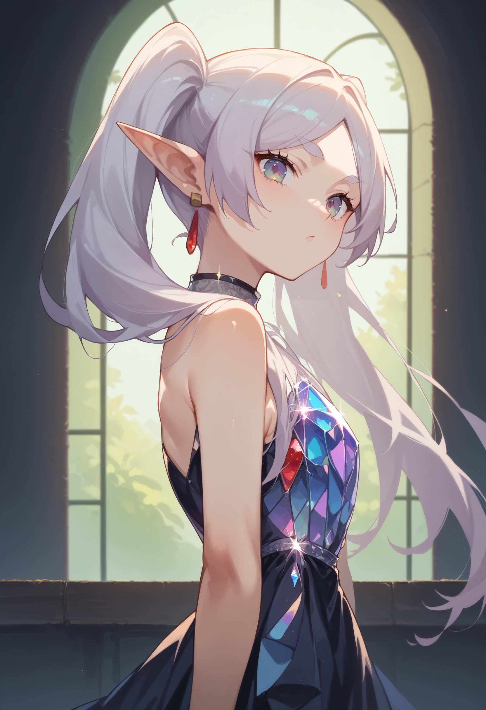 score_9, score_8_up, score_7_up, score_6_up, source anime,
nereirfpnxl, frieren, pointy ears, elf, red earrings, twintails,
crystalline dress, bare shoulders, looking at viewer, from side , hip vent,
volumetric lighting, low key, high contrast, dark room, furniture, indoors, vivid color, window,
masterpeice, best quality, very aesthetic, absurdres
<lora:frieren_nereirfpnxl_pony_v2:0.8>
 <lora:crystalline_dress-PD-1.0:1>