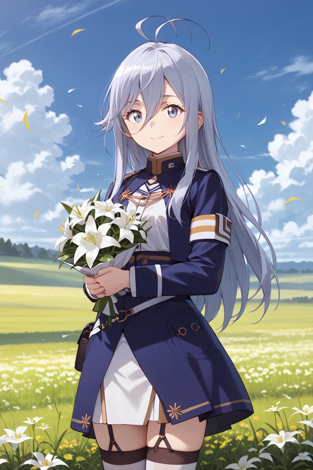 score_9, score_8_up, score_7_up, score_6_up, source_anime, vladilenamilize, 1girl, solo, blue military uniform, thighhighs, , , looking at viewer, garter straps, white thighhighs, smile, hair between eyes,  high-waist skirt, blue jacket, , shirt, long sleeves, grey hair, bangs, cropped jacket, very long hair, standing, zettai ryouiki, blue skirt,  ahoge,  <lora:vladilena_milize_pony5:1> grey eyes,  field, cloud, sky, , flower field, flower, scenery, outdoors, cloudy sky, petals, lily \(flower\), blurry, closed mouth,, own hands together,  , 86bg, holding bouquet, cowboy shot,