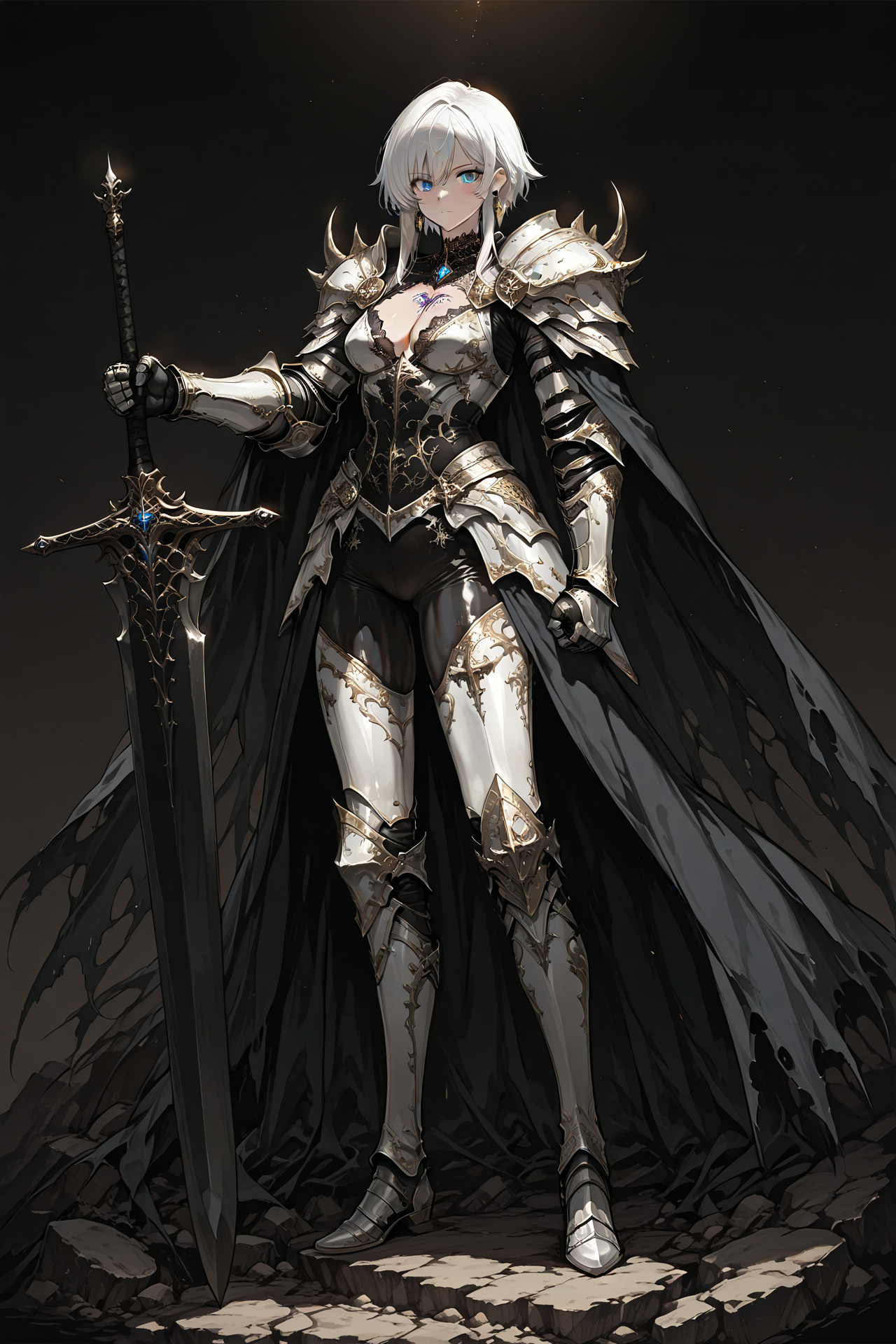 1girl, spot light, 
masterpieces, solo, cleavage, breasts, gauntlets, shoulder armor, looking at viewer, standing, bodysuit, medium breasts, full body, cute face, exquisite and clear, beautiful face, earrings, holding sword, in the dark, deep shadow, low key, cold light, darkness Gothic, white armor, ornate lace, extreme detailed ornate armor, diamond girdle, gemstone choker, skinny tattoo, luxurious tattoo, dark seamless background, dark theme, glowing tattoo, holding, armor, short hair with long lock, black background, sword, weapon, white hair, jewelry, holding weapon,
A female character with white hair and blue eyes. she is wearing a black and gold outfit with intricate designs and patterns. the outfit has a high neckline and long sleeves, and she is holding two large swords in her hands. the background is dark blue with small white dots scattered throughout. the character appears to be standing on a rocky surface, and there are several smaller rocks around her. the overall mood of the image is mystical and powerful.
best quality, highres
 <lora:hina_MixArmor_x215c:0.9>