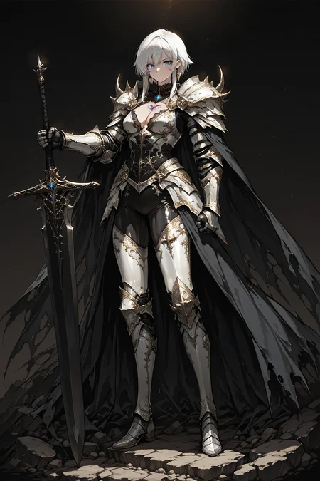 1girl, spot light,
masterpieces, solo, cleavage, breasts, gauntlets, shoulder armor, looking at viewer, standing, bodysuit, medium breasts, full body, cute face, exquisite and clear, beautiful face, earrings, holding sword, in the dark, deep shadow, low key, cold light, darkness Gothic, white armor, ornate lace, extreme detailed ornate armor, diamond girdle, gemstone choker, skinny tattoo, luxurious tattoo, dark seamless background, dark theme, glowing tattoo, holding, armor, short hair with long lock, black background, sword, weapon, white hair, jewelry, holding weapon,
A female character with white hair and blue eyes. she is wearing a black and gold outfit with intricate designs and patterns. the outfit has a high neckline and long sleeves, and she is holding two large swords in her hands. the background is dark blue with small white dots scattered throughout. the character appears to be standing on a rocky surface, and there are several smaller rocks around her. the overall mood of the image is mystical and powerful.
best quality, highres
<lora:hina_MixArmor_x215c:0.9>